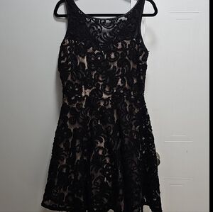 Blu Sage Black Lace Fit & Flare Dress Nude Lining V-Back Size 10